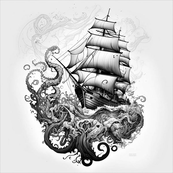 Pirate Ship vs. Kraken Tattoo Design - White background - PNG File Download High Resolution