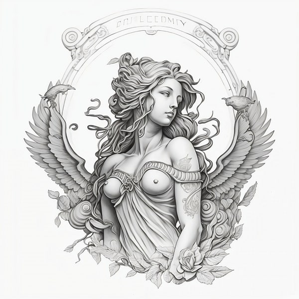 Aphrodite Goddess of Love & Beauty Tattoo Design -  White Background - PNG File Download High Resolution