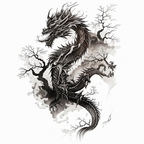 Dragon Tattoo Design - White background - PNG File Download High Resolution