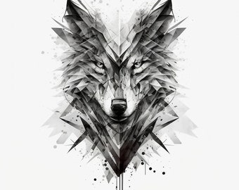 Geometric Wolf Tattoo Design - White background - PNG File Download High Resolution