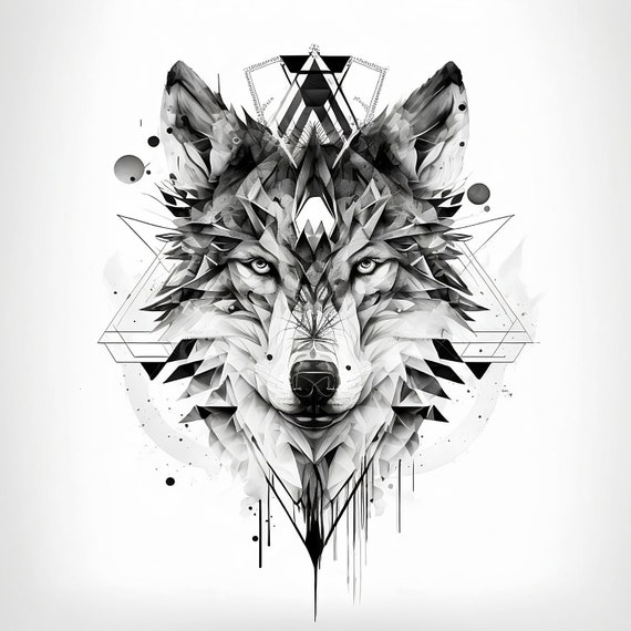 Geometric Wolf Tattoo Design White Background PNG File 