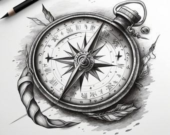 Compass Tattoo Design - White background - PNG File Download High Resolution