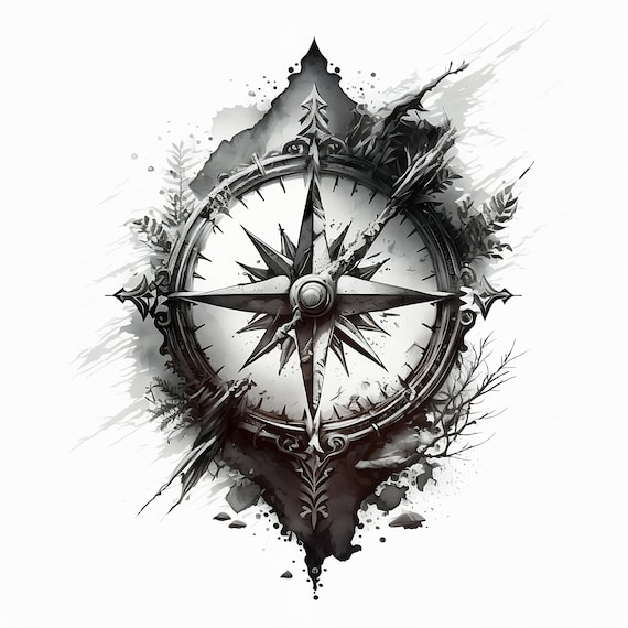 Black and Grey Compass and Roses Tattoo Design