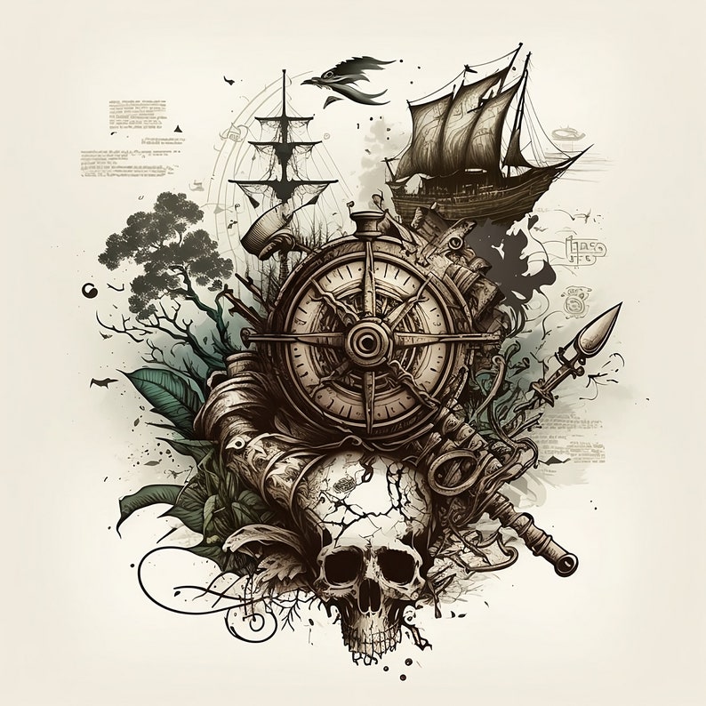Pirate ship_old map_Anchor Tattoo Design White background PNG File Download High Resolution image 1