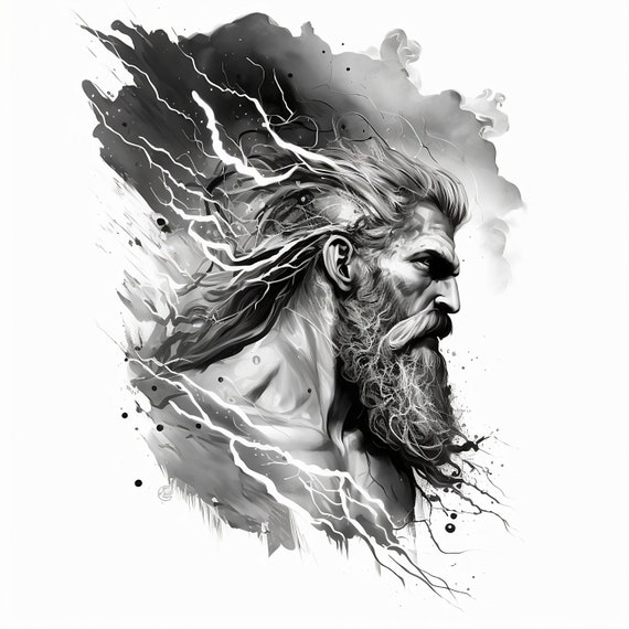 Zeus tattoo with lighting eyes, angry and holding lighting bolts tattoo  idea | TattoosAI