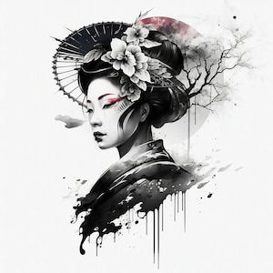 Geisha Tattoo Design - White Background - PNG File Download High Resolution