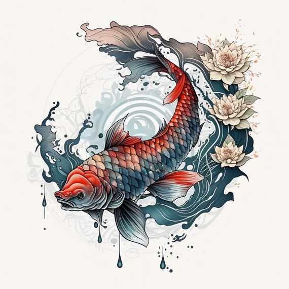 Koi Fish Tattoo Design - White background - PNG File Download High  Resolution