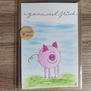 Postal "buena suerte" de cerdito pintada a mano