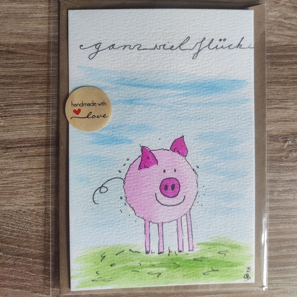 Piggy "good luck" postcard hand-painted