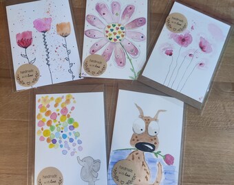 Ensemble de 5 fleurs - Aquarelle - Carte postale/Peinte à la main/Cadeau/Carte de vœux/Fait main/Carte