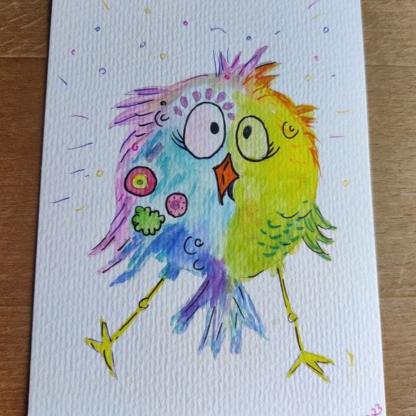 Postkarte Bunter Vogel Handgemalt