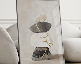 Japandi Stacked Stone Wall Art | Wabi Sabi Kintsugi Minimalist Print | Neutral Sand Ivory Gray Zen Decor | Printable Digital Download