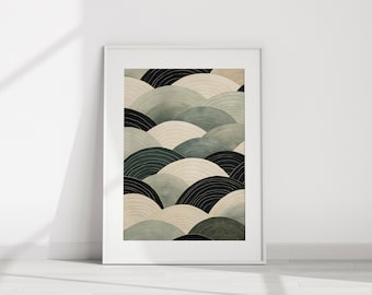 Japandi Wall Art | Prints | Beige and Sage Green Japanese Seigaiha Wave Pattern | Wabi Sabi Minimalist Wall Art | Printable Digital Download