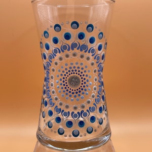 Hand Painted 350ml Glass | Blue & Silver Mandala Dot Art | Unique Angular Drinking Tumbler Gift