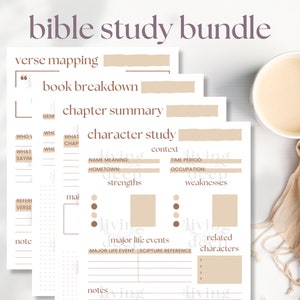 May include: Printable Bible study bundle with pages for verse mapping, book breakdown, chapter summary, and character study. The pages are beige with brown text and dots.