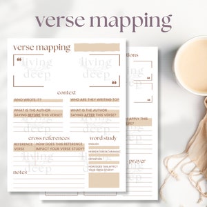 May include: Printable worksheet with the title "Verse Mapping" and the text "Living Deep" in a brown rectangle. The worksheet is designed to help people study and understand scripture.