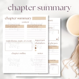 May include: A printable chapter summary template with sections for context, main theme, important characters, notes, and chapter outline. The template has a light brown background with a dotted pattern.