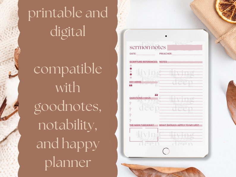 Puede incluir: Una plantilla digital de notas de serm&oacute;n en una tableta, con un dise&ntilde;o rosa y blanco. La plantilla incluye secciones para referencias b&iacute;blicas, notas, vers&iacute;culos clave y preguntas. El texto en la imagen dice "compatible con goodnotes, notability y happy planner."