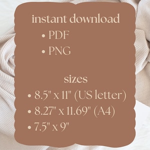 Puede incluir: Gr&aacute;fico de color marr&oacute;n con las palabras "descarga instant&aacute;nea", "PDF", "PNG" y "tama&ntilde;os". Los tama&ntilde;os son 21,6 cm x 27,9 cm (US letter), 21 cm x 29,7 cm (A4) y 19 cm x 23 cm. El fondo es de tela beige texturizada.