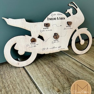Personalized wooden motorcycle sign - Love story engraved with first names and dates