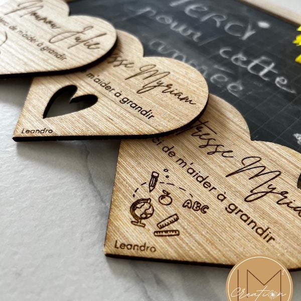 Personalized heart magnet for teacher, nanny, atsem – End of year gift – with child & adult first name – magnetic wood