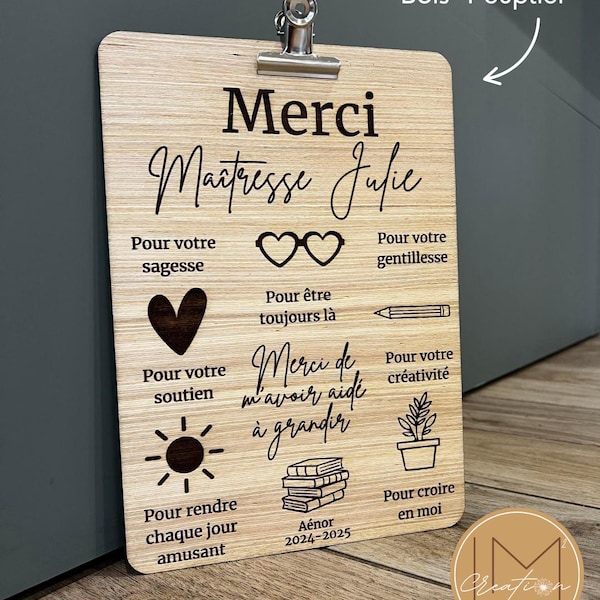 Personalized wooden notepad with clip – End of year gift for teacher, ATSEM, nanny – A4 format