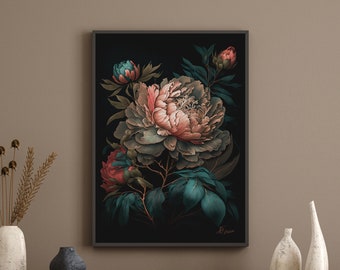 Peony Boho Floral Art Print, Peony Boho Botanical, Printable Wall Art, 300DPI Digital Download