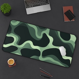 XL Desk Mat, Abstract Green and Grey Topographical Art, Mouse Pad