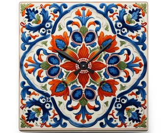 Portuguese Ceramic Tile Style, Azulejo Style, Acrylic Wall Clock