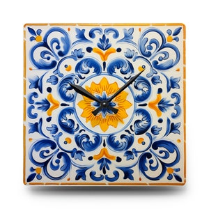 Portuguese Ceramic Tile Style, Azulejo Style, Acrylic Wall Clock