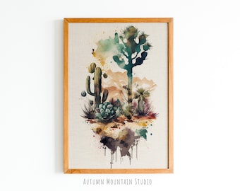 Desert Cacti Art Print | Desert Watercolor Painting | Digital Western Landscape Decor | Cactus Art | Arizona | PRINTABLE Digital Wall Art