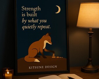 Stärke wird gebaut durch das, was du leise wiederholst - Minimaler Fuchs Kunstdruck, Zitat ruhige Nacht, digitaler Download Wandkunst
