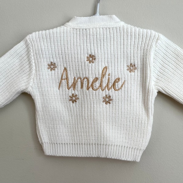 Personalised Newborn Baby White Cardigan with Name in Daisies