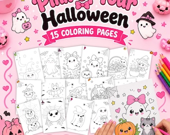 May include: A collection of 15 Halloween coloring pages featuring cute ghosts, pumpkins, cats, and bats. The title Pink Up Your Halloween is printed in large pink letters at the top. The pages are displayed on a pink background with decorative elements.