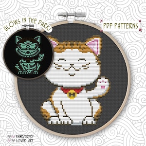 Funny maneki neko cross stitch pdf pattern Kawaii lucky cat Witchy counted cross stitch art Small cat lovers gift glow in the dark
