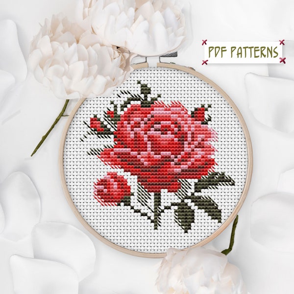 Mini english rose cross stitch Small rose cross stitch red flower floral pattern Simple cross stitch pattern pdf download