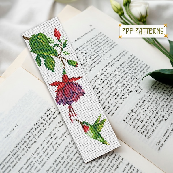 Cute floral bookmark cross stitch flower pdf pattern Mini cross stitch hummingbird pattern book lover gift