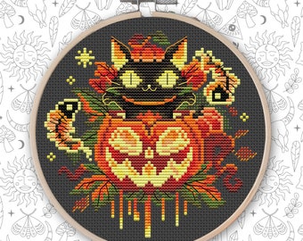 Häxkatt Korsstygnsmönster, Halloweenpumpa (PDF-mönster)