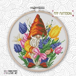 Floral garden gnome cross stitch pattern Instant pdf download Spring counted cross stitch gnome ornament small wall decor
