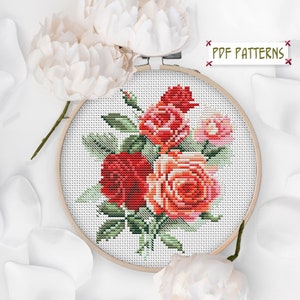 Roses cross stitch pdf pattern Flower red rose bouquet digital pattern Floral cross stitch small wall art pattern