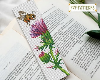 Thistle cute floral bookmark for women counted cross stitch Floral digital embroidery pattern Simple small bee cross stitch