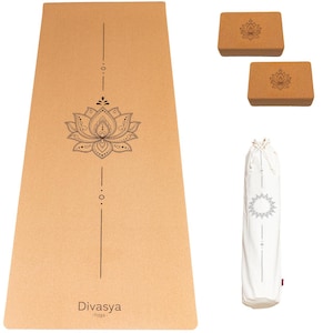 Yoga Starter Set (Lotus) | Cork Yoga Mat + 2 Blocks + Strap | Sustainable Yoga Accessories | Natural Rubber & Cork | Yoga Set | Yoga Mat