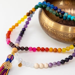 Mala Necklace Rainbow Chakra | Gemstone Necklace Yoga Meditation Jewelry Gift | 108 Healing Stones Sandalwood | Gold-Plated Flower of Life Pendant