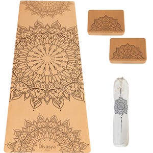 Yoga Starter Set (Mandala) | Cork Yoga Mat + 2 Blocks + Strap | Sustainable Yoga Accessories | Natural Rubber & Cork | Yoga Set | Yoga Mat