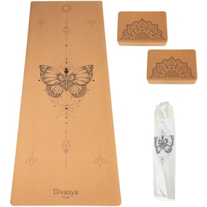 Yoga Starter Set (Butterfly) | Cork Yoga Mat + 2 Blocks + Strap | Sustainable Yoga Accessories | Natural Rubber & Cork | Yoga Set | Yoga Mat