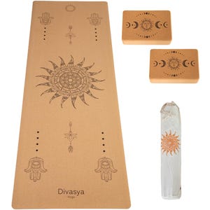 Yoga Starter Set (Sun) | Cork Yoga Mat + 2 Blocks + Strap | Sustainable Yoga Accessories | Natural Rubber & Cork | Yoga Set | Yoga Mat