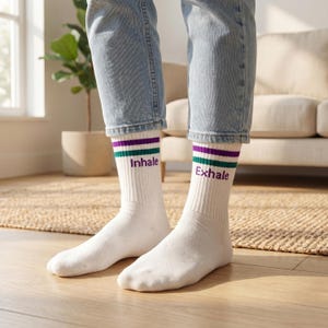 Yoga-themed socks: Inhale Exhale | Organic cotton socks | Yoga gift | Yoga socks | Meditation gift | Sustainable gift | Purple