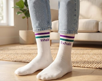 Yoga-themed socks: Inhale Exhale | Organic cotton socks | Yoga gift | Yoga socks | Meditation gift | Sustainable gift | Purple