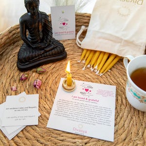 20-Minuten-Kerzen | Geschenkset für Yoga, Meditation, Achtsamkeit | Mindfulness | Affirmationskarten | Yoga Geschenk | I am loved & grateful
