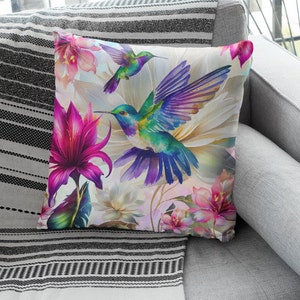 Floral Hummingbird Square Throw Pillow, Hummingbird Lover Gift, Bird Lover Decorative Pillow Gift, Christmas, Four Sizes to Choose From
